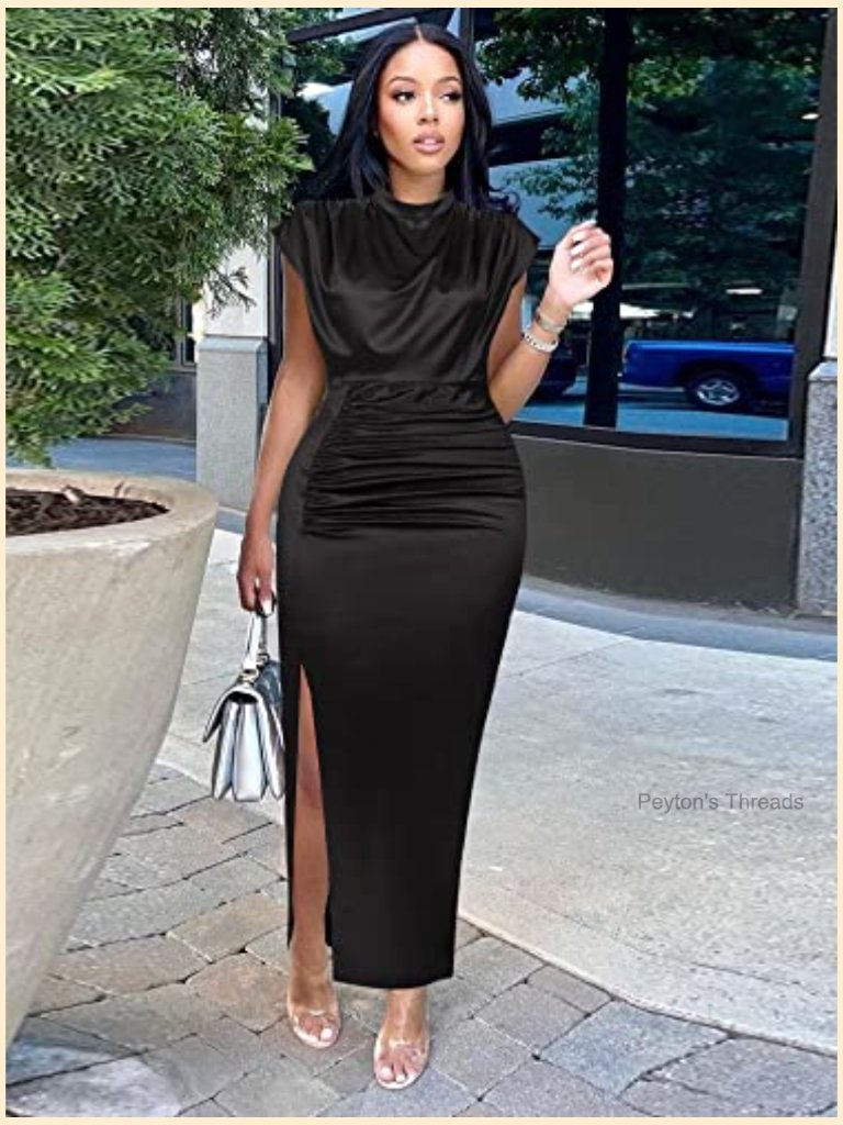 Mock Neck High Slit Ruched Satin Maxi Dress Formal Party Wedding